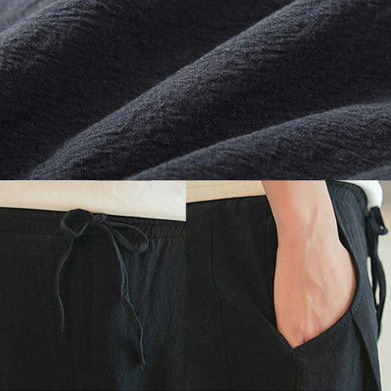 Nimara Ritual Crane Embroidery Cotton Men's Cropped Harem Pants With Pockets