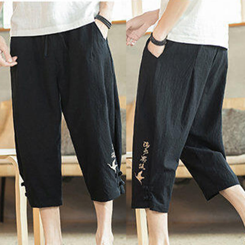 Nimara Ritual Crane Embroidery Cotton Men's Cropped Harem Pants With Pockets