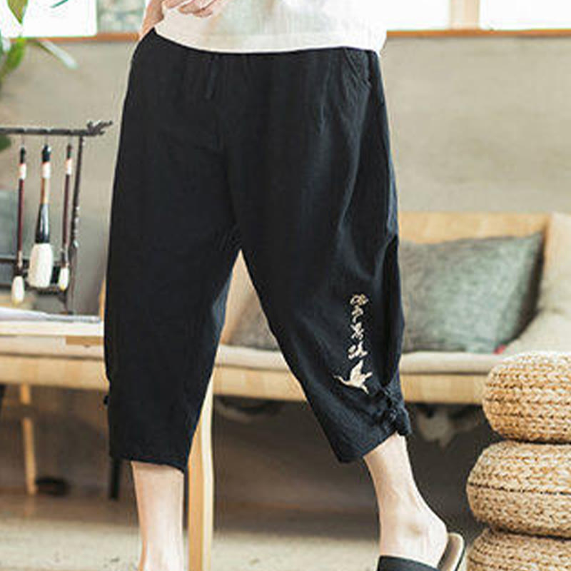 Nimara Ritual Crane Embroidery Cotton Men's Cropped Harem Pants With Pockets