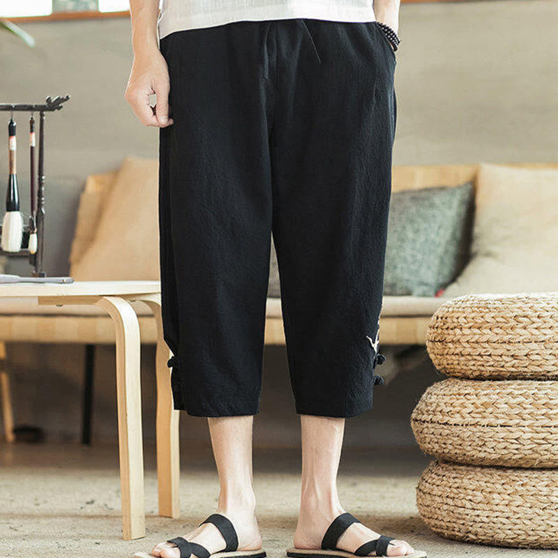 Nimara Ritual Crane Embroidery Cotton Men's Cropped Harem Pants With Pockets
