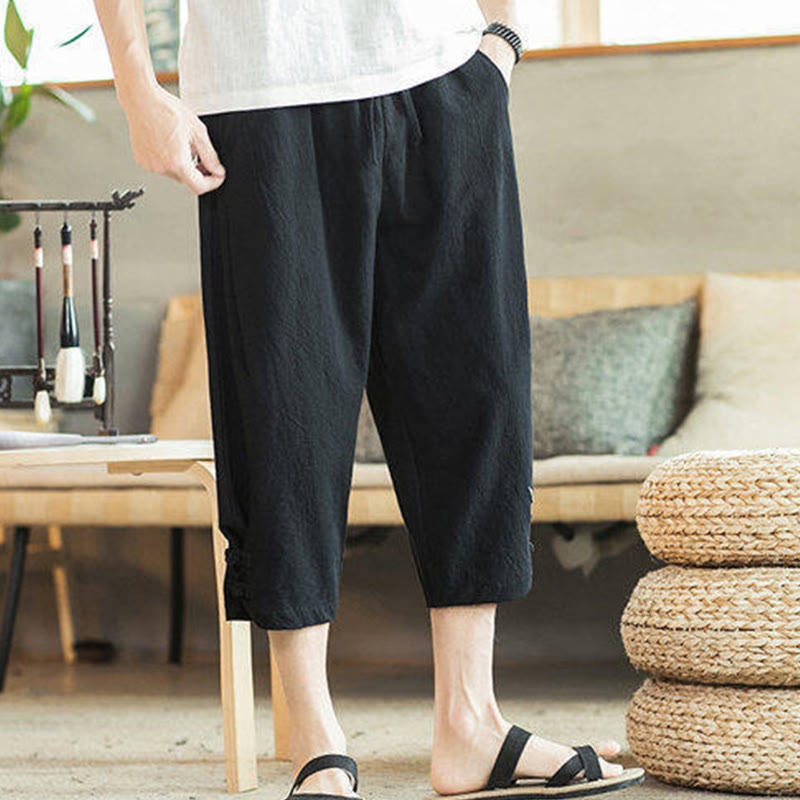 Nimara Ritual Crane Embroidery Cotton Men's Cropped Harem Pants With Pockets