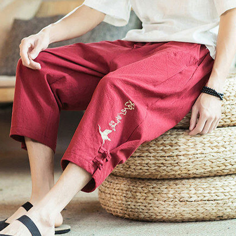 Nimara Ritual Crane Embroidery Cotton Men's Cropped Harem Pants With Pockets