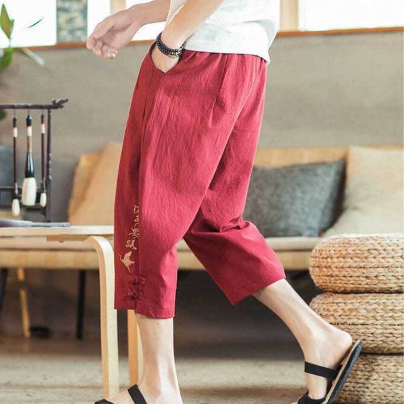 Nimara Ritual Crane Embroidery Cotton Men's Cropped Harem Pants With Pockets