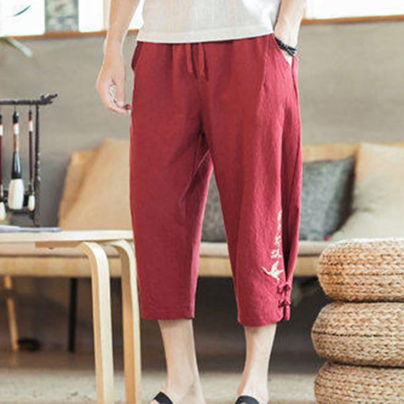Nimara Ritual Crane Embroidery Cotton Men's Cropped Harem Pants With Pockets