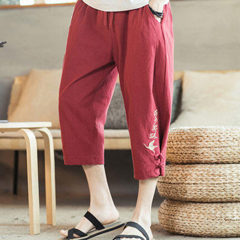 Nimara Ritual Crane Embroidery Cotton Men's Cropped Harem Pants With Pockets