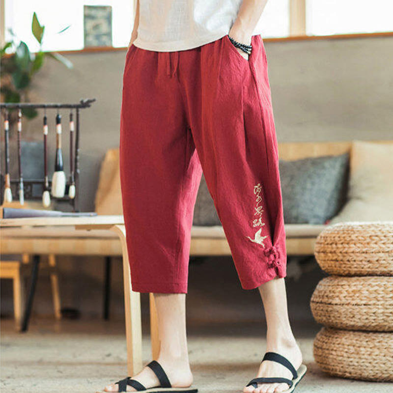 Nimara Ritual Crane Embroidery Cotton Men's Cropped Harem Pants With Pockets