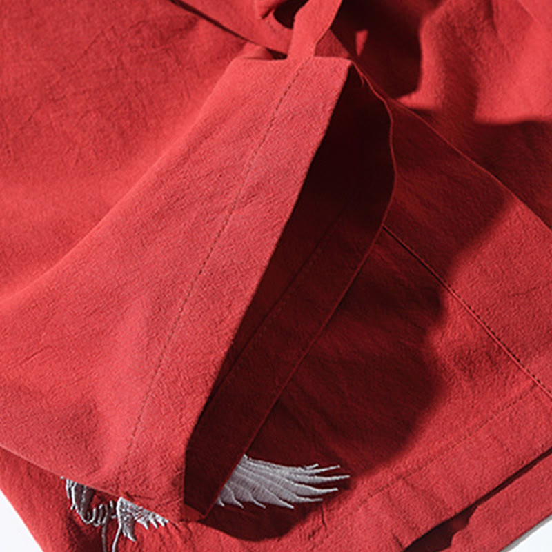 Nimara Ritual Embroidery Flying White Cranes Cotton Linen Open Front Jacket Men's Kimono