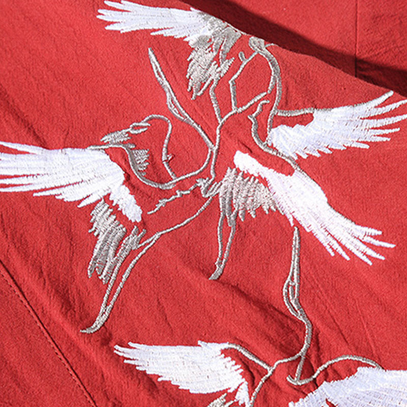Nimara Ritual Embroidery Flying White Cranes Cotton Linen Open Front Jacket Men's Kimono