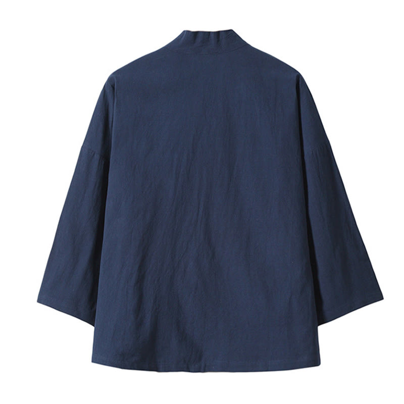 Nimara Ritual Embroidery Flying White Cranes Cotton Linen Open Front Jacket Men's Kimono