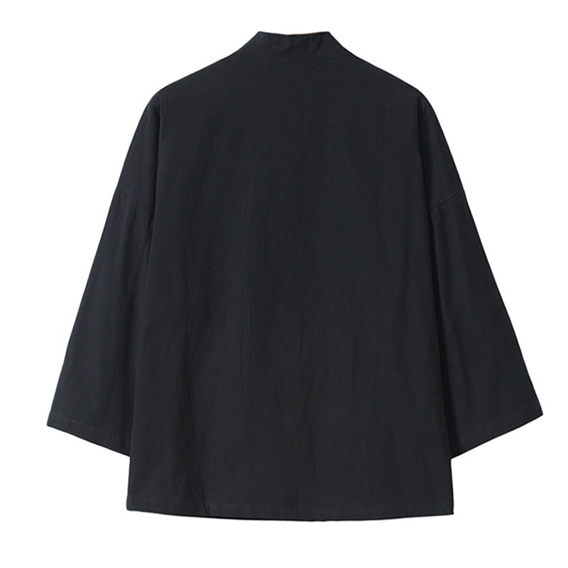 Nimara Ritual Embroidery Flying White Cranes Cotton Linen Open Front Jacket Men's Kimono