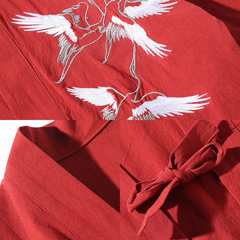 Nimara Ritual Embroidery Flying White Cranes Cotton Linen Open Front Jacket Men's Kimono