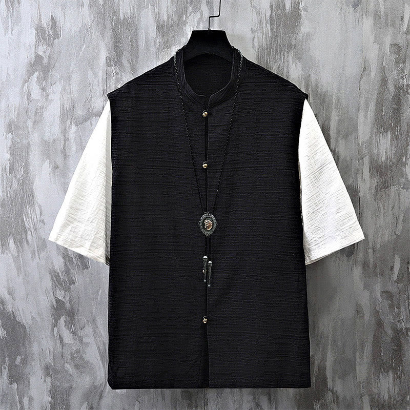 Nimara Ritual Summer Patchwork Color Design Men's Half Sleeve Cotton Linen Shirt
