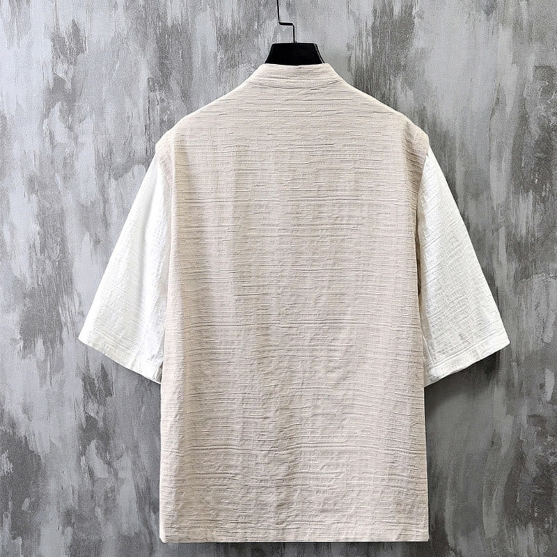 Nimara Ritual Summer Patchwork Color Design Men's Half Sleeve Cotton Linen Shirt