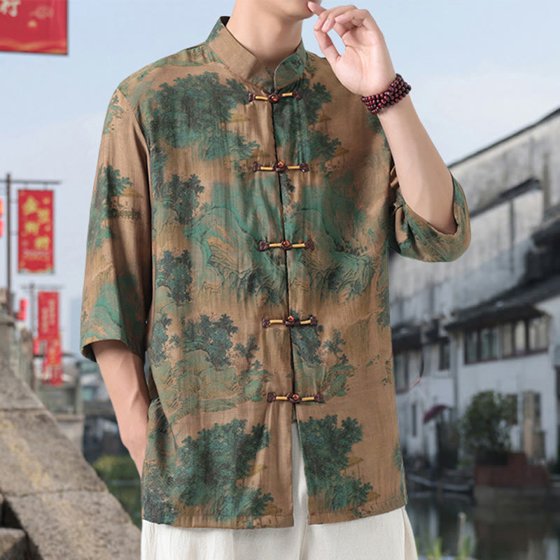 Nimara Ritual Dragon Auspicious Clouds Green Mountains Chinese Frog-Button Men's Half Sleeve Cotton Linen Shirt