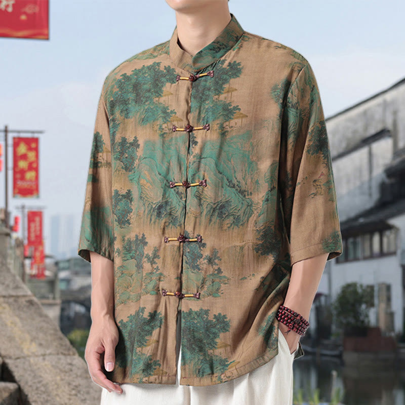 Nimara Ritual Dragon Auspicious Clouds Green Mountains Chinese Frog-Button Men's Half Sleeve Cotton Linen Shirt