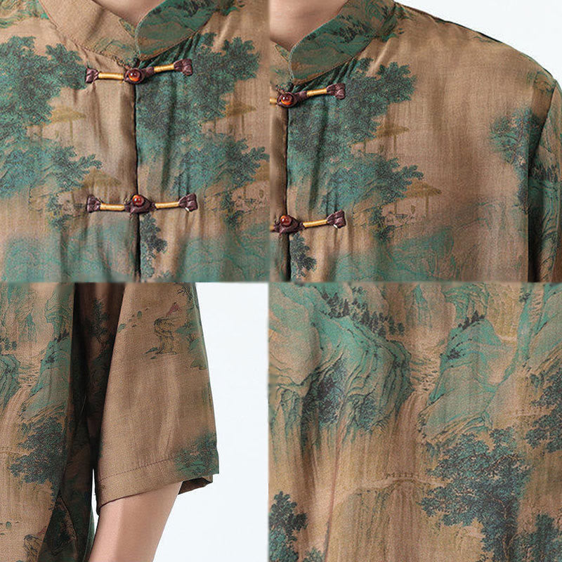 Nimara Ritual Dragon Auspicious Clouds Green Mountains Chinese Frog-Button Men's Half Sleeve Cotton Linen Shirt