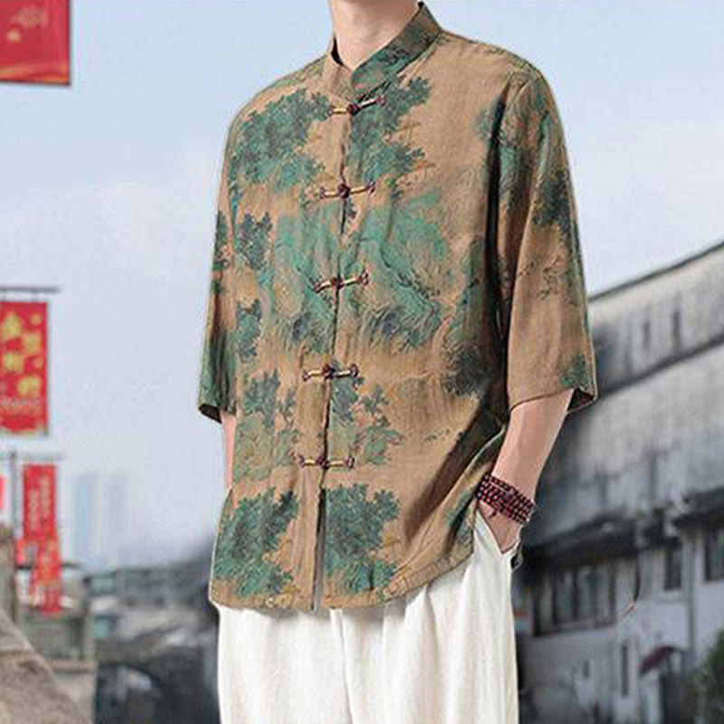 Nimara Ritual Dragon Auspicious Clouds Green Mountains Chinese Frog-Button Men's Half Sleeve Cotton Linen Shirt