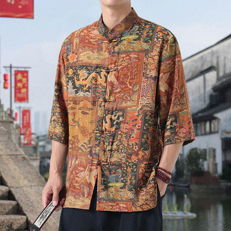 Nimara Ritual Dragon Auspicious Clouds Green Mountains Chinese Frog-Button Men's Half Sleeve Cotton Linen Shirt
