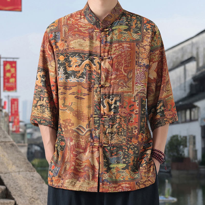 Nimara Ritual Dragon Auspicious Clouds Green Mountains Chinese Frog-Button Men's Half Sleeve Cotton Linen Shirt