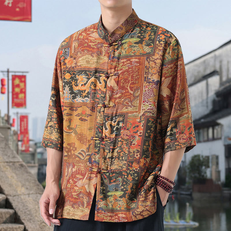 Nimara Ritual Dragon Auspicious Clouds Green Mountains Chinese Frog-Button Men's Half Sleeve Cotton Linen Shirt