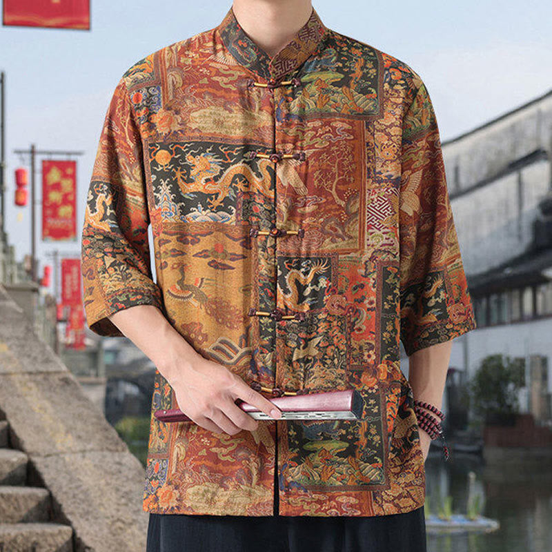 Nimara Ritual Dragon Auspicious Clouds Green Mountains Chinese Frog-Button Men's Half Sleeve Cotton Linen Shirt