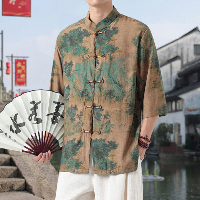 Nimara Ritual Dragon Auspicious Clouds Green Mountains Chinese Frog-Button Men's Half Sleeve Cotton Linen Shirt