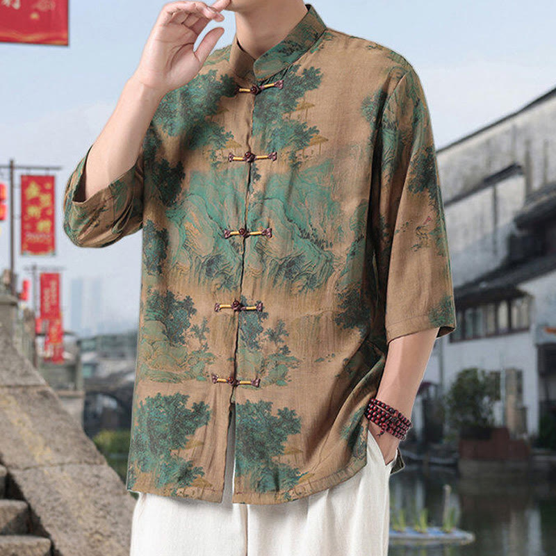 Nimara Ritual Dragon Auspicious Clouds Green Mountains Chinese Frog-Button Men's Half Sleeve Cotton Linen Shirt
