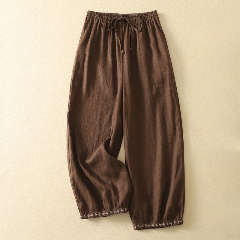 Nimara Ritual Casual Retro Drawstring Embroidery Design Women's 7-8 Length Pants With Pockets