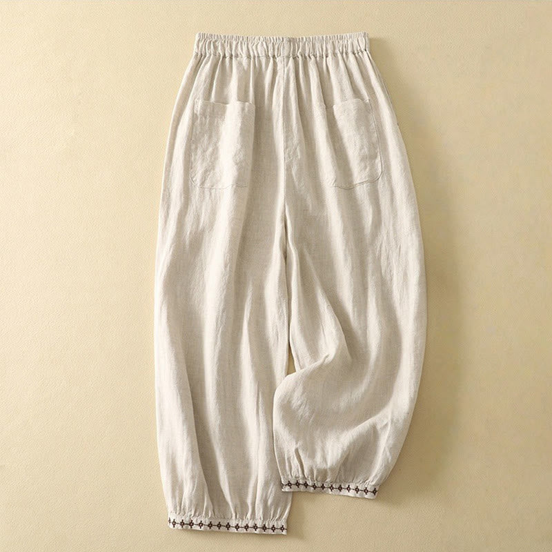 Nimara Ritual Casual Retro Drawstring Embroidery Design Women's 7-8 Length Pants With Pockets
