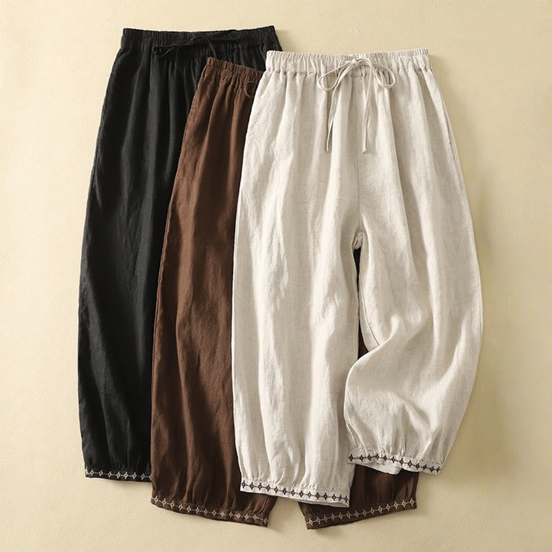 Nimara Ritual Casual Retro Drawstring Embroidery Design Women's 7-8 Length Pants With Pockets