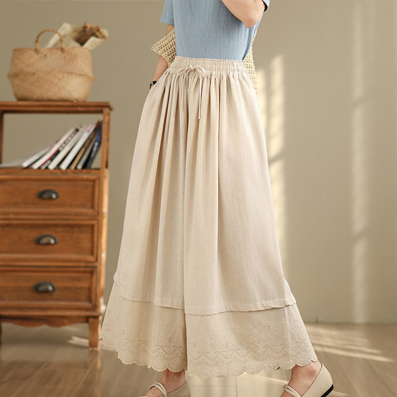 Nimara Ritual Spring Embroidery Lace Hem Patchwork Drawstring Design Women's Wide Leg Cotton Pants With Pockets