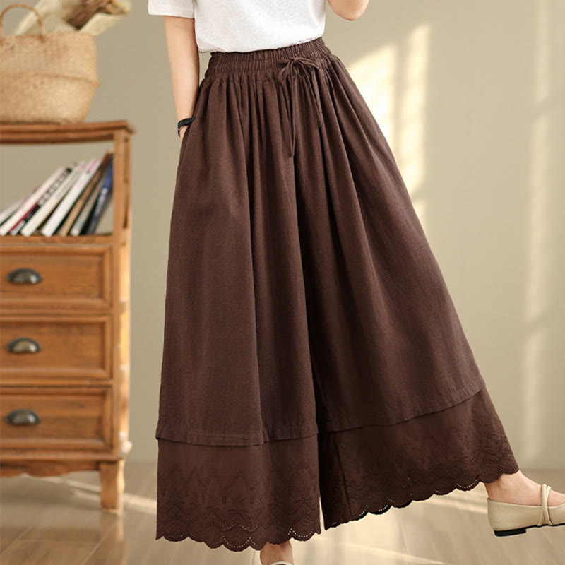 Nimara Ritual Spring Embroidery Lace Hem Patchwork Drawstring Design Women's Wide Leg Cotton Pants With Pockets