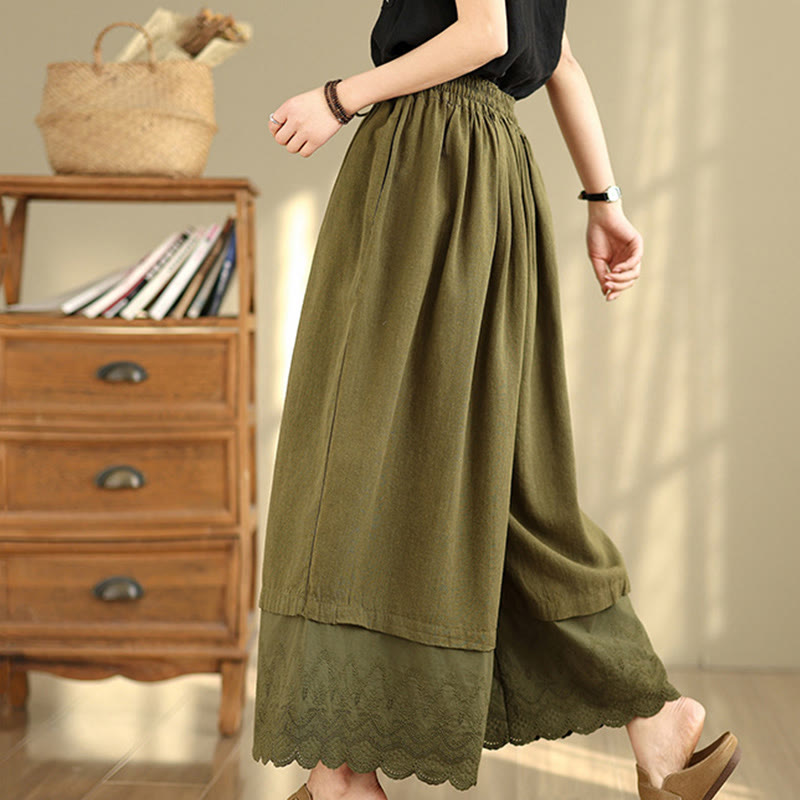 Nimara Ritual Spring Embroidery Lace Hem Patchwork Drawstring Design Women's Wide Leg Cotton Pants With Pockets