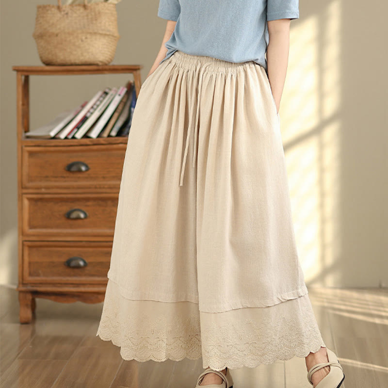 Nimara Ritual Spring Embroidery Lace Hem Patchwork Drawstring Design Women's Wide Leg Cotton Pants With Pockets