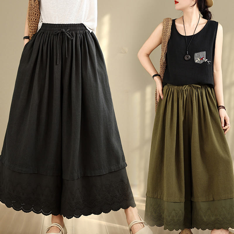 Nimara Ritual Spring Embroidery Lace Hem Patchwork Drawstring Design Women's Wide Leg Cotton Pants With Pockets
