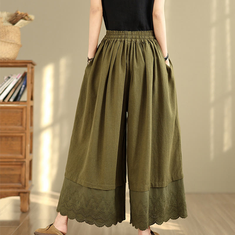 Nimara Ritual Spring Embroidery Lace Hem Patchwork Drawstring Design Women's Wide Leg Cotton Pants With Pockets