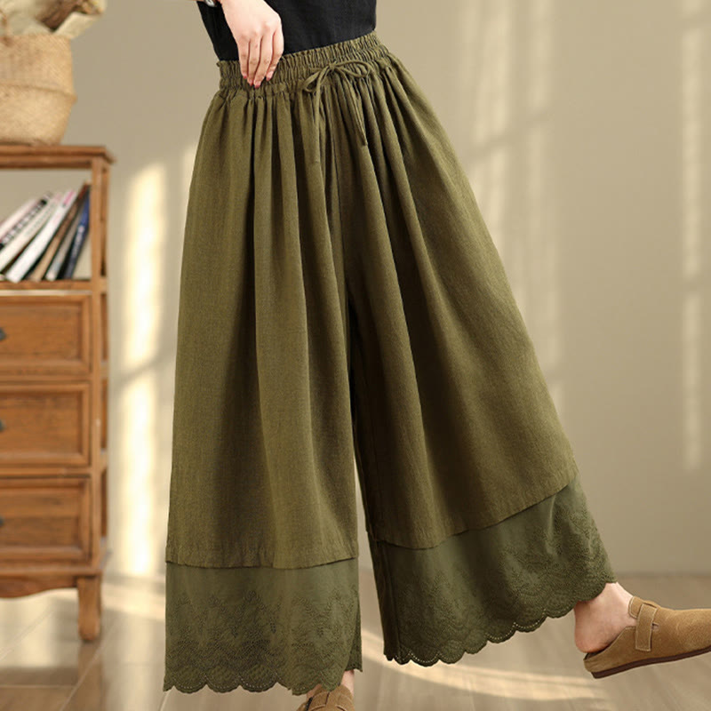 Nimara Ritual Spring Embroidery Lace Hem Patchwork Drawstring Design Women's Wide Leg Cotton Pants With Pockets