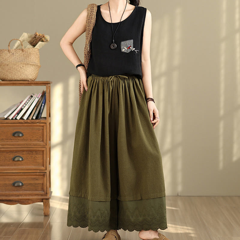 Nimara Ritual Spring Embroidery Lace Hem Patchwork Drawstring Design Women's Wide Leg Cotton Pants With Pockets
