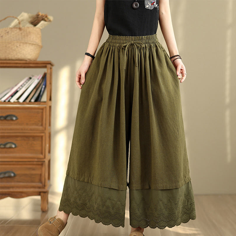 Nimara Ritual Spring Embroidery Lace Hem Patchwork Drawstring Design Women's Wide Leg Cotton Pants With Pockets