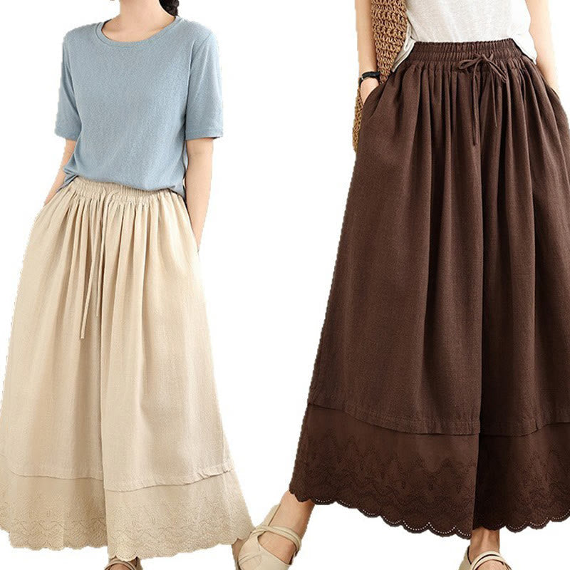 Nimara Ritual Spring Embroidery Lace Hem Patchwork Drawstring Design Women's Wide Leg Cotton Pants With Pockets