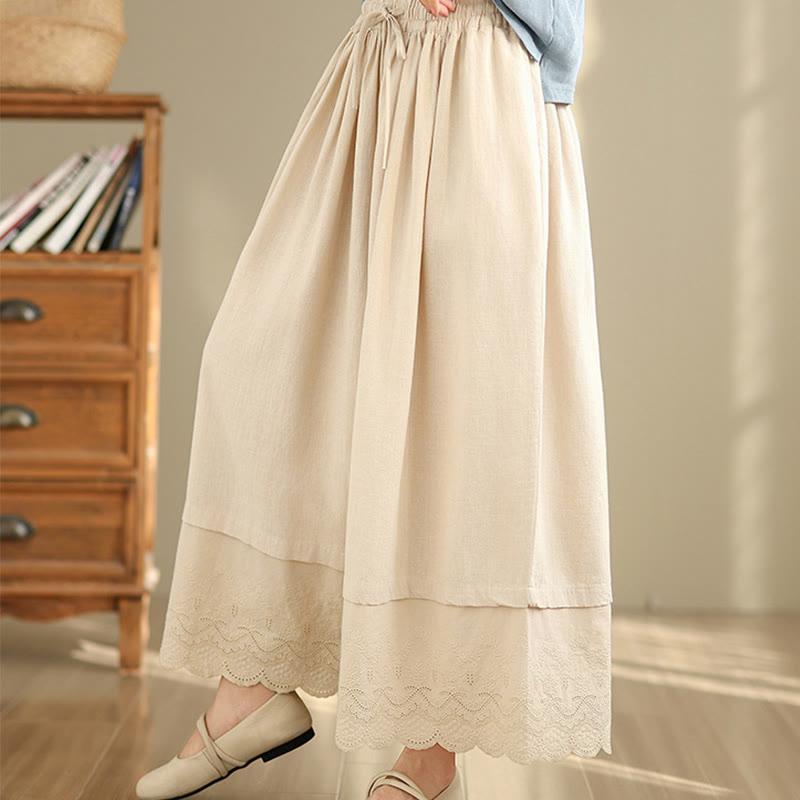 Nimara Ritual Spring Embroidery Lace Hem Patchwork Drawstring Design Women's Wide Leg Cotton Pants With Pockets
