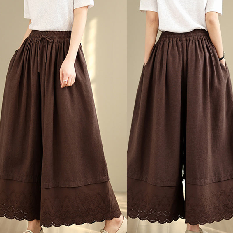 Nimara Ritual Spring Embroidery Lace Hem Patchwork Drawstring Design Women's Wide Leg Cotton Pants With Pockets