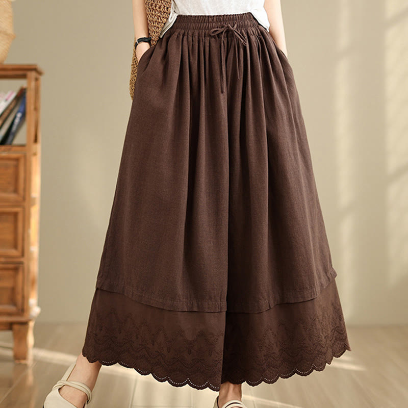 Nimara Ritual Spring Embroidery Lace Hem Patchwork Drawstring Design Women's Wide Leg Cotton Pants With Pockets