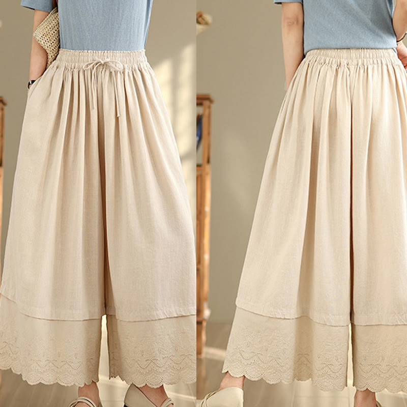 Nimara Ritual Spring Embroidery Lace Hem Patchwork Drawstring Design Women's Wide Leg Cotton Pants With Pockets