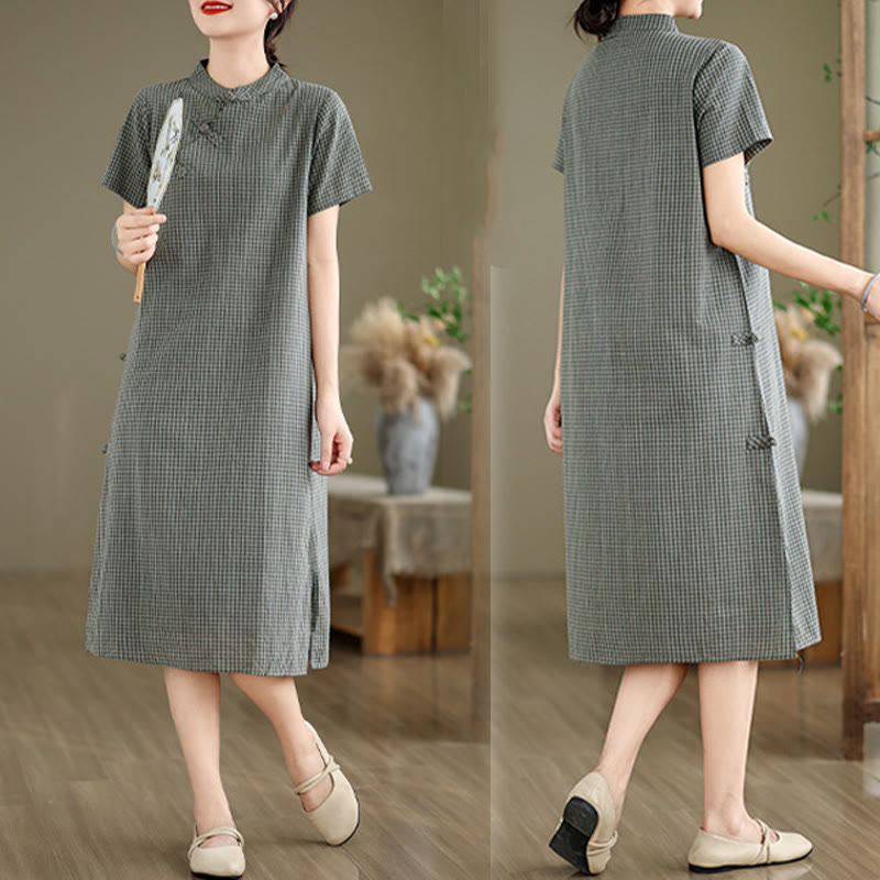 Nimara Ritual Plaid Short Sleeve Frog-Button Design Cotton Linen Improved Cheongsam Midi Dress