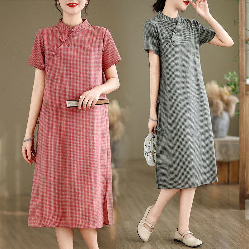 Nimara Ritual Plaid Short Sleeve Frog-Button Design Cotton Linen Improved Cheongsam Midi Dress