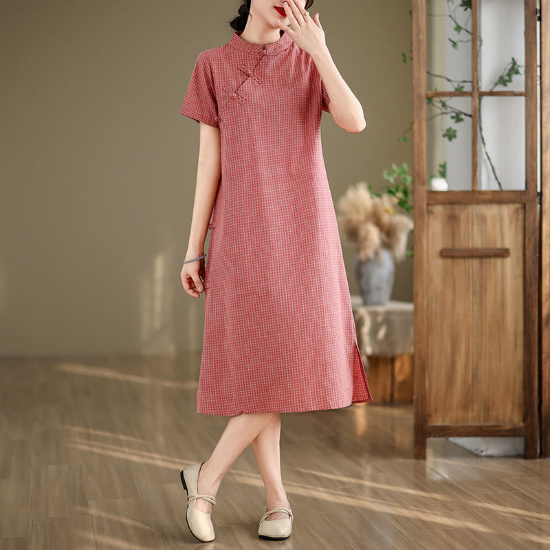 Nimara Ritual Plaid Short Sleeve Frog-Button Design Cotton Linen Improved Cheongsam Midi Dress