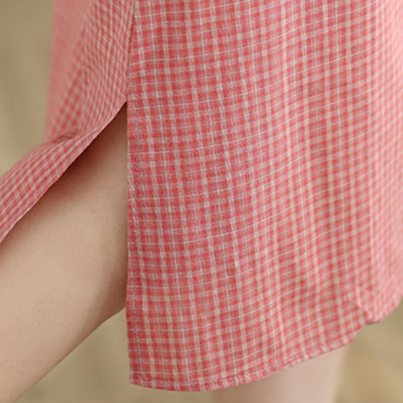 Nimara Ritual Plaid Short Sleeve Frog-Button Design Cotton Linen Improved Cheongsam Midi Dress