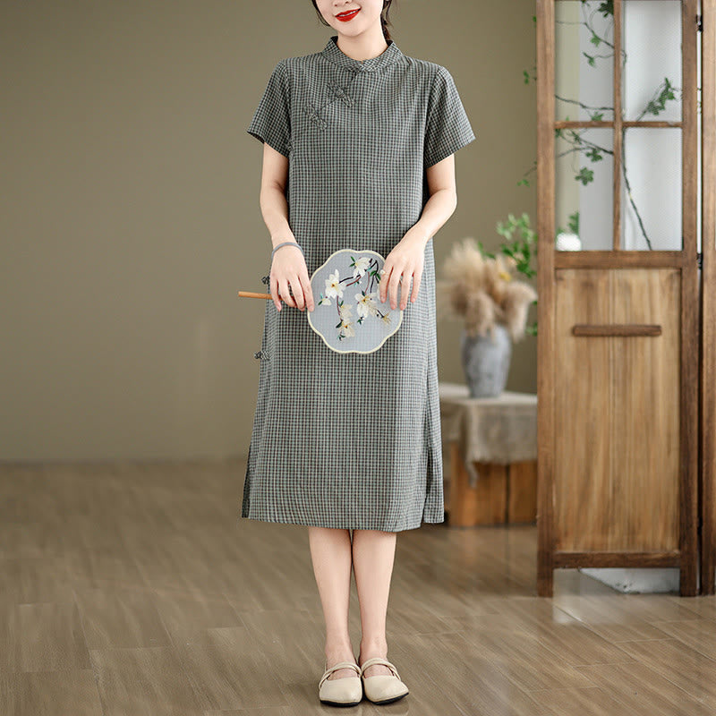 Nimara Ritual Plaid Short Sleeve Frog-Button Design Cotton Linen Improved Cheongsam Midi Dress