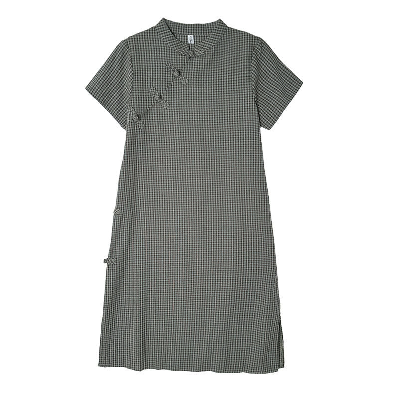 Nimara Ritual Plaid Short Sleeve Frog-Button Design Cotton Linen Improved Cheongsam Midi Dress